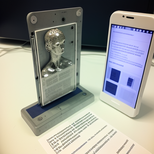 Um busto representado de forma táctil em 3D proveniente do ecrã de um telemóvel. O ecrã encontra-se apoiado numa base electrónica que trasmite a informação ao ecrã.